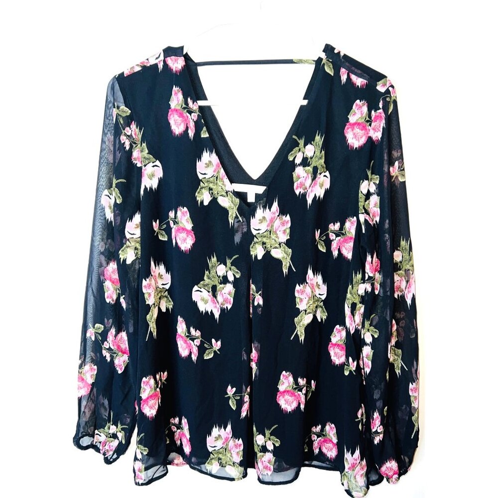 Daniel Rainn Sheer Black Floral Blouse With V Neck Long Sleeves Medium